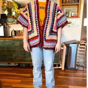 Handmade Crochet Hexagon Cardigan Festival Boho Vintage Colorful Wearable Art